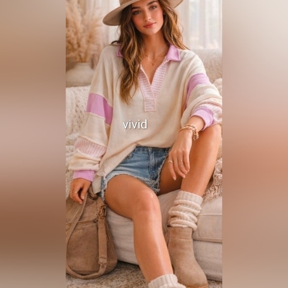 Boho French Terry Colorblock Sweater Oversized Lavender BucketList S/M/L NWT - Picture 4 of 9